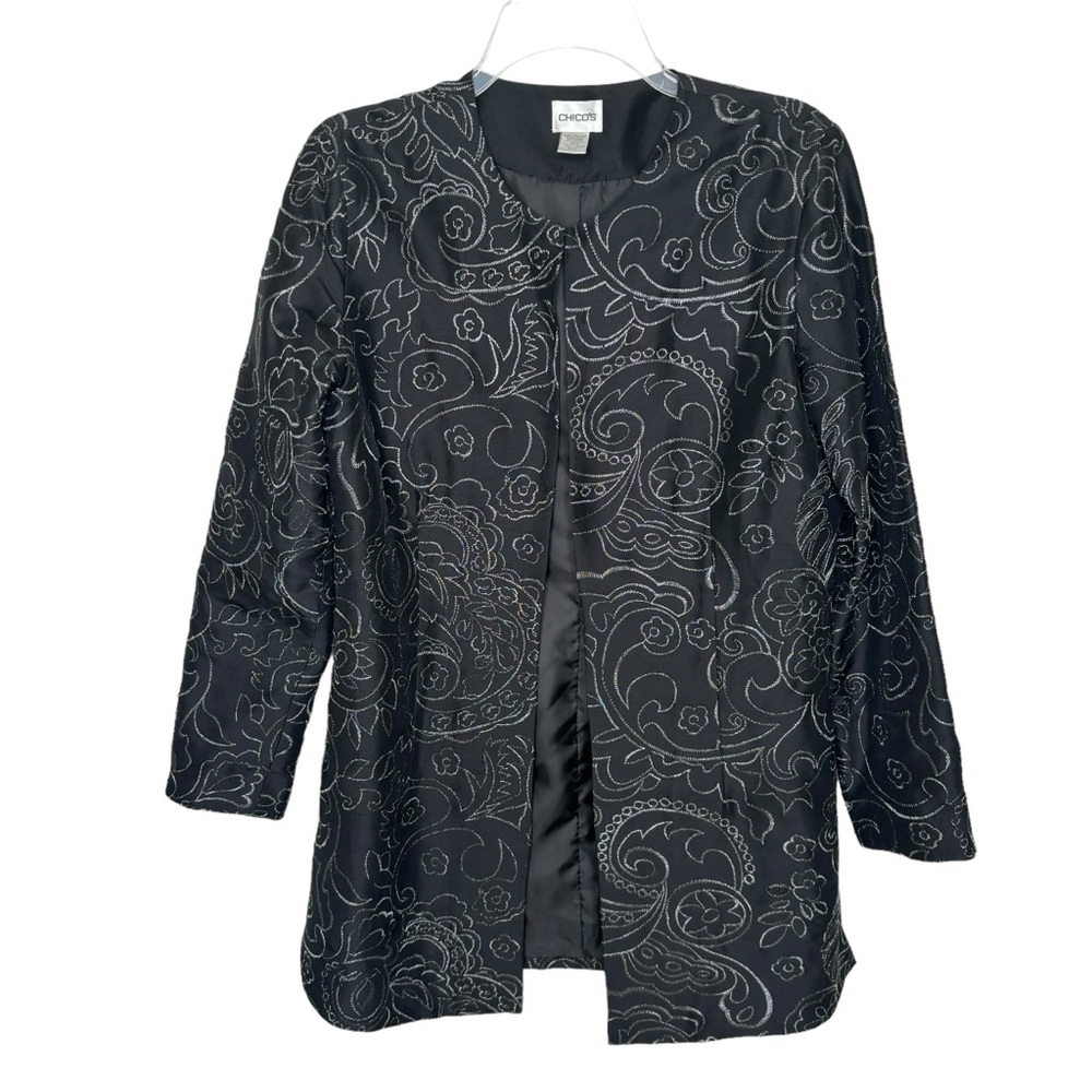 Chico's Women’s Duster S/4 (Chico’s 0) Black Silk Embroidered Duster Jacket
